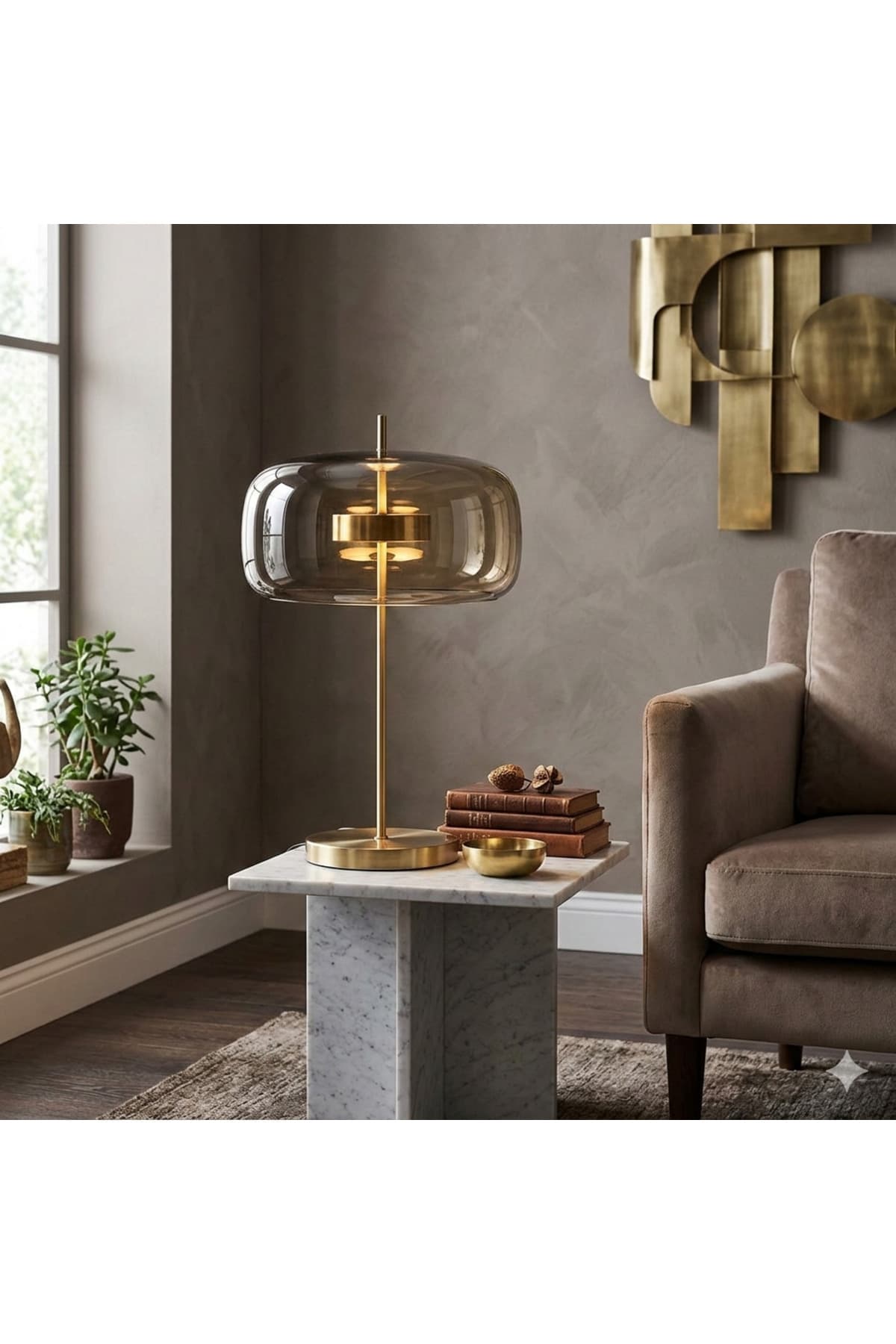 Füme Cam Başlıklı Altın Sarısı Gövdeli Modern Masa Lambası - Lüks Ofis ve Yatak Odası Abajuru