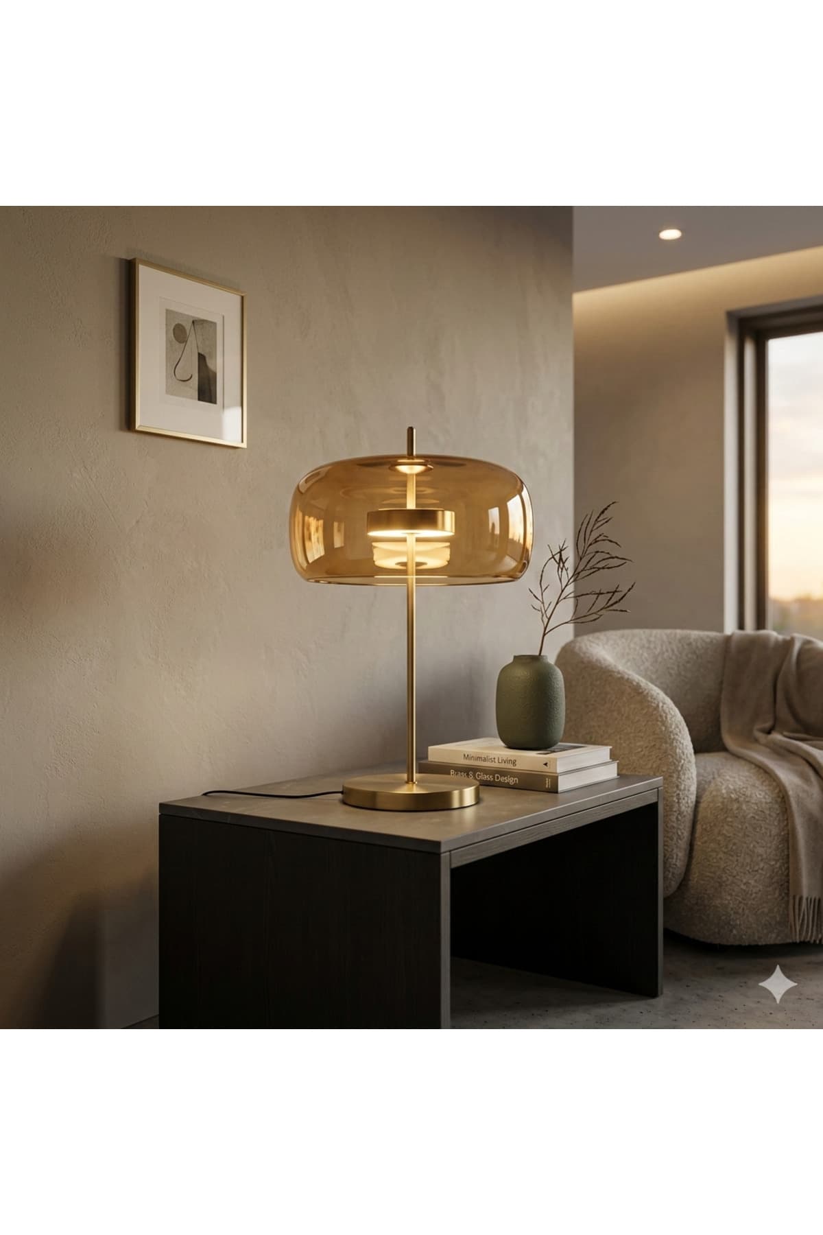 Modern Bal Rengi Cam Başlıklı Pirinç Masa Lambası