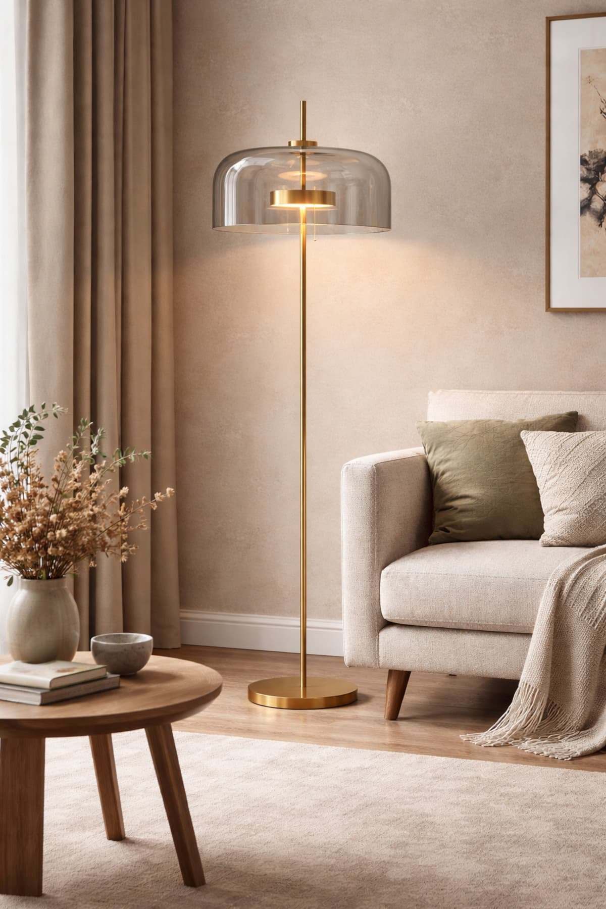 Pirinç Gövdeli Füme Cam Kubbe Tasarım Lambader | Modern Dekoratif Yer Lambası